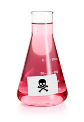 Naklejka premium Poison in conical flask isolated on white. Laboratory glassware with skull and crossbones label