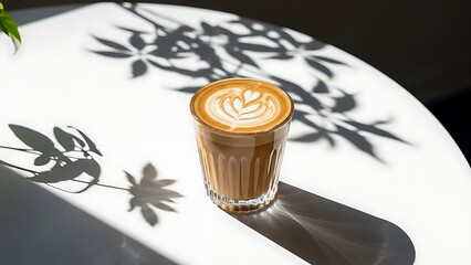 Cortado coffee with latte art on white table in sunlight