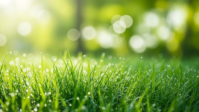 Close up of fresh green grass with morning dew and sunlight