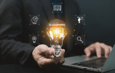 Creative e-learning concept with glowing light bulb, digital education icons, and online learning technology, representing innovation, knowledge development, and virtual study