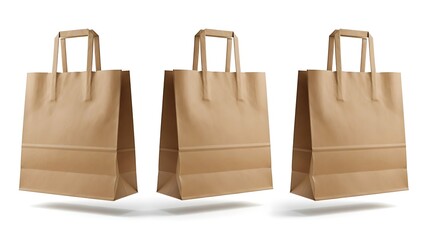 Three brown paper shopping bags isolated on white background