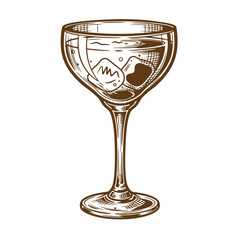 Hand drawn illustration of a vintage cocktail glass with ice cubes for beverages