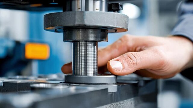 Medium shot of a manual industrial stamp machine operated by a worker applying precise force to shape metal components in a factory setting.