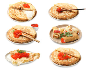 Delicious crepes served with red caviar isolated on white, set
