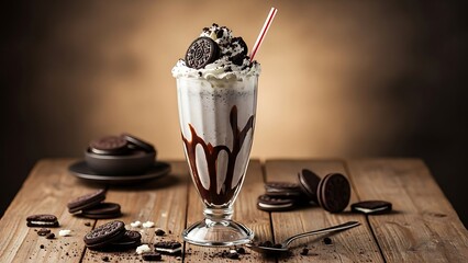 Delicious chocolate cookie milkshake with whipped cream topping