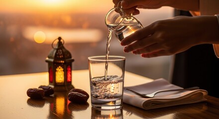 Pouring Water into a Glass at Sunset, Ramadan Breaking Fast