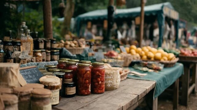 Medium shot of a local market stall showcasing fresh farm produce and handmade goods emphasizing community support and authenticity.