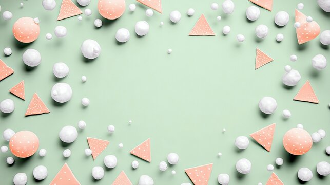 Overhead shot of various geometric shapes (spheres, triangles) and small white spheres floating on a light green background. Minimalist design.