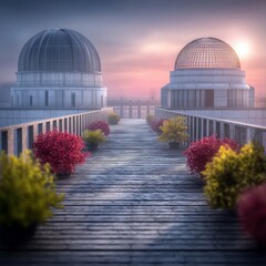 Obraz premium A wooden walkway on a rooftop with two observatory domes, lined with colorful plants, under a beautiful sunset sky.