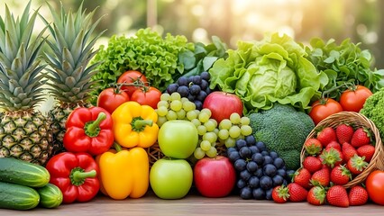 Assortment of fresh colorful fruits and vegetables on table