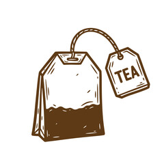 Hand-drawn brown sketch vintage tea bag with label isolated on white background.