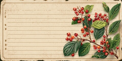 Vintage Botanical Illustration of Berries and Leaves on Aged Paper Background