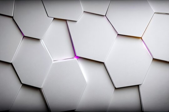 Close-up of a white hexagon tile pattern with a purple glow in the gaps, creating a modern and abstract background. - Powered by Adobe