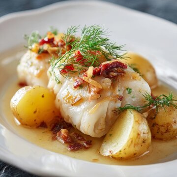 Classic lutefisk dish featuring cod and potatoes served on a white plate for traditional cuisine