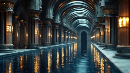A long, arched hallway with columns, a water channel, and warm lighting, creating a sense of depth and mystery.