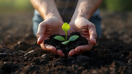 Hands gently hold a small green seedling over rich soil, embodying the care and new growth of spring gardening