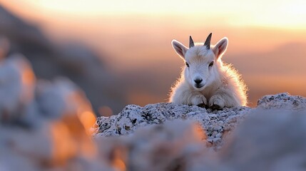A baby mountain goat rests on a rocky outcrop, bathed in the warm light of a sunset. The fluffy white fur of the goat contrasts with the rugged rocks.