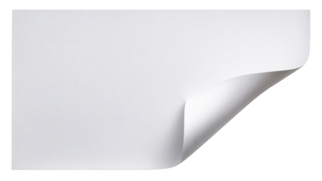 White blank paper sheet with curled corner, turning page effect revealing transparency, space for text or design