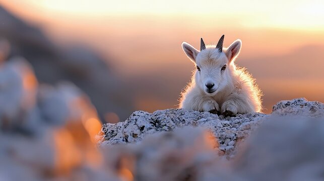 A baby mountain goat rests on a rocky outcrop, bathed in the warm light of a sunset. The fluffy white fur of the goat contrasts with the rugged rocks.