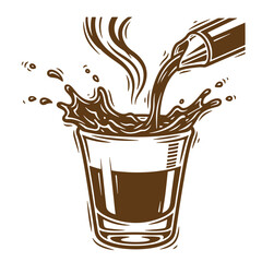 Vector illustration depicting coffee being poured into a glass with artistic splash elements