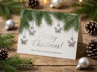 Merry Christmas Greeting Card with Pine Branches and Silver Star Ornaments on Wooden Table.
