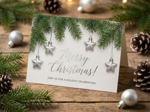 Merry Christmas Greeting Card with Pine Branches and Silver Star Ornaments on Wooden Table.