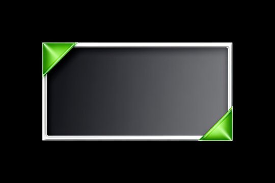 A rectangular frame with a dark interior and white border, adorned with green ribbon corners, set against a black backdrop. - Powered by Adobe