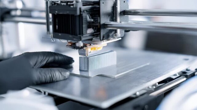 Medium shot of hands removing a freshly 3D printed metal part from the build platform highlighting the efficiency of additive manufacturing in prototyping.