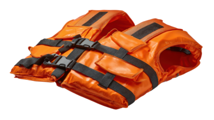 Two orange life vests, personal flotation devices, providing safety and protection for water activities and emergencies, transparent background