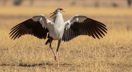 Fototapeta premium Secretary Bird Spreading Wings in African Savannah.