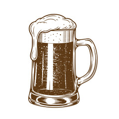 Vintage sketch illustration of a full glass mug of fresh frothy beer on white background