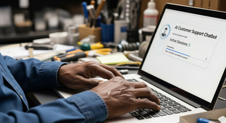 Man Using AI Customer Support Chatbot Laptop