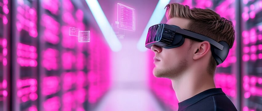 A person using VR goggles in a high-tech data center. - Powered by Adobe
