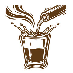 Vintage sketch illustration of beverage pouring into a glass creating a splash effect