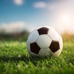 Fototapeta premium Classic soccer ball positioned on vibrant green field, ready for action in the spirit of teamwork
