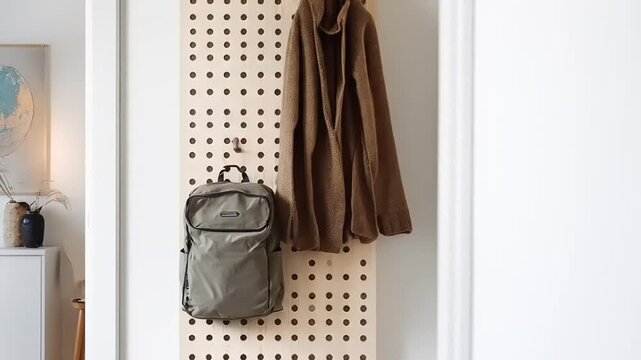 Neutral colored coat and backpack hanging on a wall pegboard