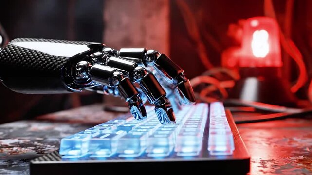 A robotic hand with carbon fiber and chrome types on a glowing keyboard