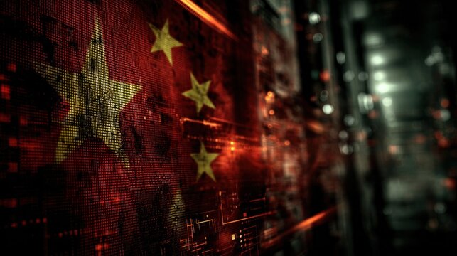 A digital style representation of the Chinese flag, featuring a blend of technology and vibrant colors, conveying a modern and dynamic atmosphere.