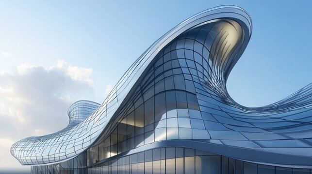 Futuristic architectural masterpiece with flowing metallic curves against a bright sky