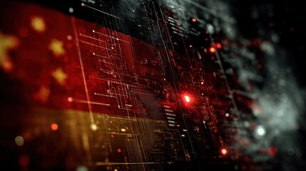 A digital representation blending elements of technology and national flags, symbolizing connection and collaboration between Germany and China.