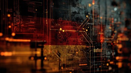 Abstract digital circuit design with glowing lines and nodes in a dark background, representing technology and innovation.