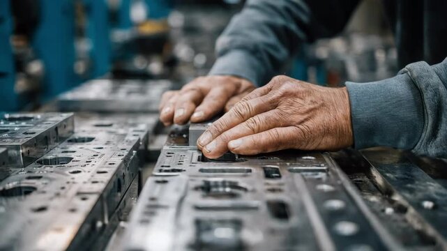 Medium shot of an engineer aligning metal molds on a steel frame to ensure perfect diecast shapes