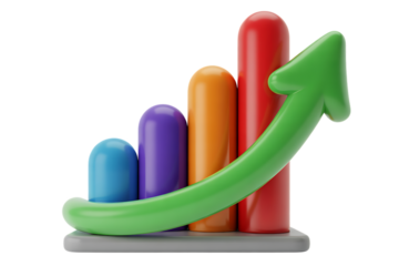 Colorful 3d bar chart with upward green arrow