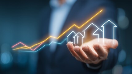A Professional Businessman Holds His Hand Up, Showcasing an Ascending Trend Graph Representing Financial Growth and Success in the Market