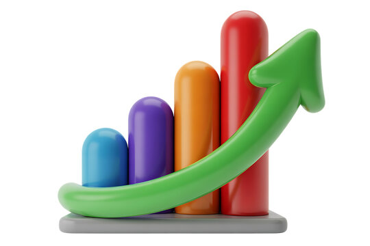 Colorful 3d bar chart with upward green arrow - Powered by Adobe
