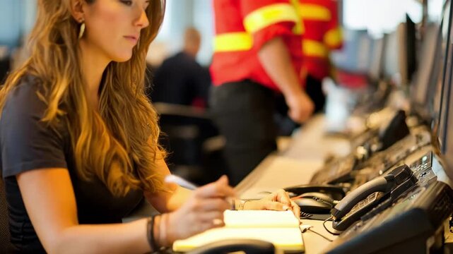 Medium shot of a dispatcher urgently sending an emergency fire alert using a communication device in a bustling control center.