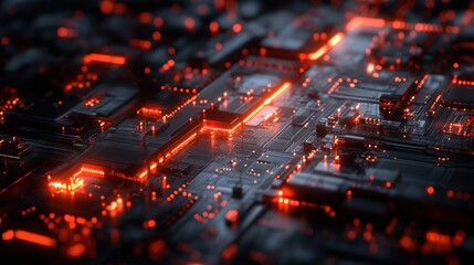 Futuristic Circuit Board with Glowing Red Data Streams