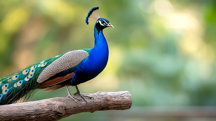 Obraz premium A magnificent Indian peafowl with brilliant blue plumage perched elegantly on a branch in a lush