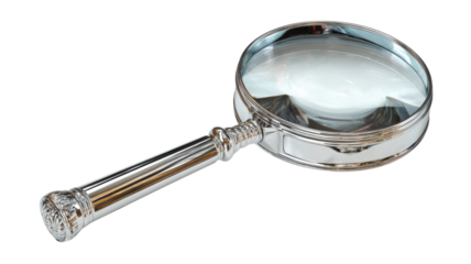 Vintage magnifying glass with a silver frame and ornate handle, representing concepts of research, scrutiny, investigation, and analysis. Transparent background