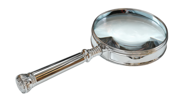 Vintage magnifying glass with a silver frame and ornate handle, representing concepts of research, scrutiny, investigation, and analysis. Transparent background